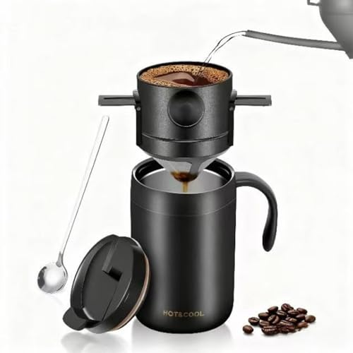 Portable 16oz Pour Over Coffee Maker with Foldable Filter & Stirrer – Insulated Stainless Steel Travel Cup with Lid – No Paper Filter Needed, BPA-Free, Black – For Home, Office, Camping, Backpacking