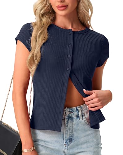 Womens Short Sleeve Shirts Casual Summer Ribbed Knit Tshirts Fitted Button Up Tops