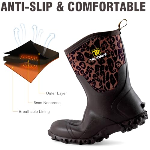 Image of Trudave Rubber Boots for Women with Steel Shank, 6mm Neoprene Mid Calf Rain Boots, Waterproof Insulated Mud Work Boots All Season, Size 5-11