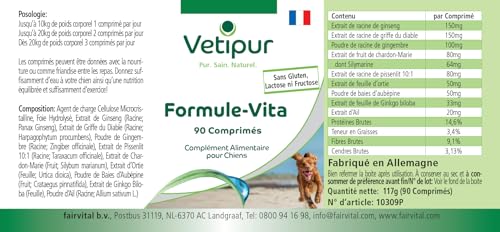 Vetipur Vita-Formel - 90 Tabletten - Rundumversorgung mit Ginseng, Teufelskralle, Ingwer, Mariendistel, Löwenzahn, Brennnessel, Weissdorn und Gingko Biloba - Futterergänzung für Hunde
