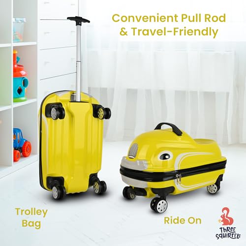 Image of Kids Ride On Trolley Bags for Travel | 18-Inch Polycarbonate Luggage | Kid Luggage /Suitcase with 4 Wheel | Unique Bags for Boy Kids, Easy to Carry (Yellow)