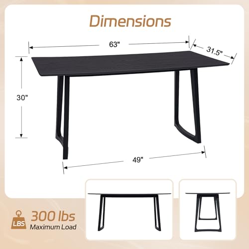 Image of HNY 63'' Rectangular Wooden Dining Table, Farmhouse Kitchen Table for 4 to 6, Mid Century Modern Dinner Table for Breakfast /Dining Room /Restaurant /Living Room, Black