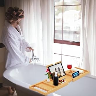 Premium Bathtub Tray Caddy - Bath Tray Bamboo Expandable - Bath Tub Tray Table for Bathtub - Expandable Size, Fits Most Bath Tubs - Natural Bamboo Wood