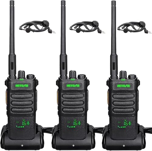 RT86 Walkie Talkie Lunga Distanza con Auricolare 2600mAh 16 Canali Ricetrasmettitore Portatile Robusto VOX Squelch Scan Torcia Allarme Radio 2 Vie per Sicurezza Cantiere Nero 3 Pz