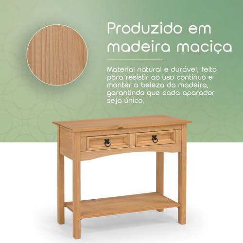 Image of Solid Wood Console Table with 2 Drawers and Lower Shelf - Classic Rustic Entryway Accent Table for Living Room and Hallway - Pine Wax