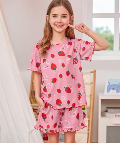 SWOMOG Girls Pajama Set 2 PCS Short Sleeve Tops & Ruffled Shorts with Pocket Girls Summer Pajamas Age 6-152