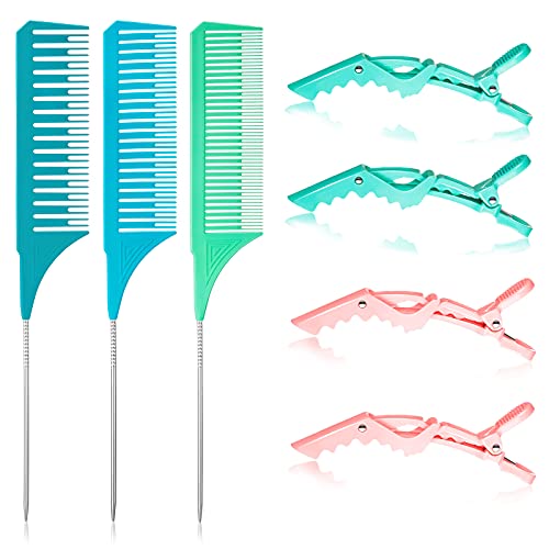 3 Pieces Highlighting Combs with 4 Pastel Alligator Clips Weaving Styling Dyeing Combs Foiling Hair Combs Rat Tail Teasing Combs Balayage Long Handle Combs for Salon Barber Home (Fresh Color)