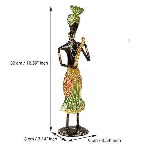 Image of eCraftIndia Tribal Iron Men's Playing Musical Instrument Dholak Decorative Showpiece, Green, Orange and Black, one Size (IRLADY513)