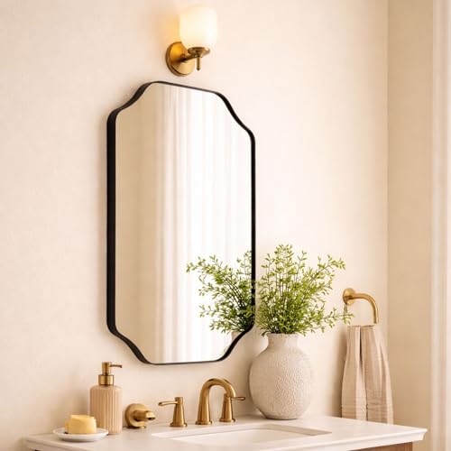 Image of TEHOME 24x36'' Scalloped Black Bathroom Vanity Mirror, Matt Black Rectangle Metal Framed Bathroom Mirror