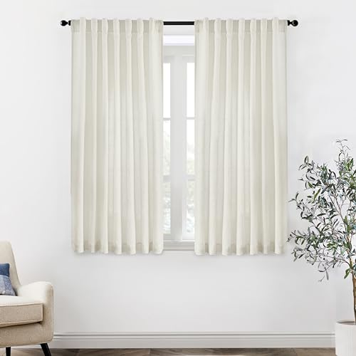 Image of XTMYI Bathroom Window Curtains Short,Linen Cotton Sheer Boho Farmhouse Kitchen Curtains 45 Inch Length,Cream Ivory