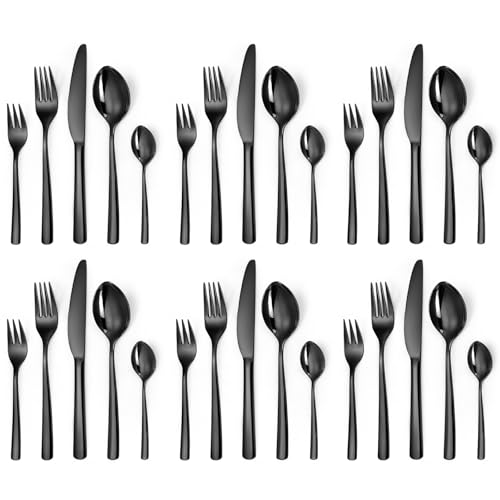 LAZAHOME Besteck Set für 6 Personen,30 teilig Edelstahl Besteckset,Besteck Set Schwarz mit Messer Gabel Löffel,Hochwertiges Edelstahl Spiegelpoliert, Spülmaschinenfest