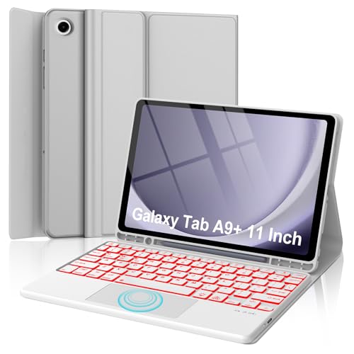 KVAGO Galaxy Tab A9 Plus Case with Keyboard 11 inch,Smart Touchpad, 7 Colors Backlit, Detachable Folio Keyboard Cover with S Pen Holder, Light Gray