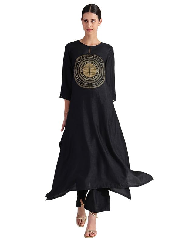 Women Kurta Bottom Set | A-Line Fit Round Neck Three-Quarter Sleeves Printed | Pure Cotton Fabric With Asymmetric Hem For Casual Wear-image-8
