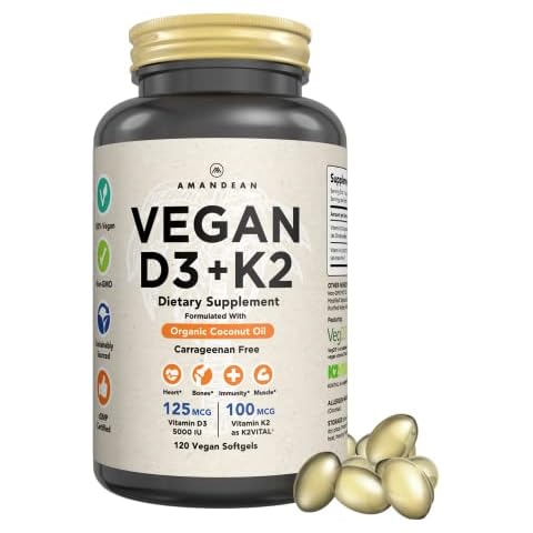 AMANDEAN Vegan Vitamin D3 K2. 5000 iu from Algae. All-Trans MK-7. 120 Softgels. Plant-Based & Carrageenan Free. Organic Coconut Oil Blend. for Mood, Bones, Heart, Immune Health (Packaging May Vary) Cover