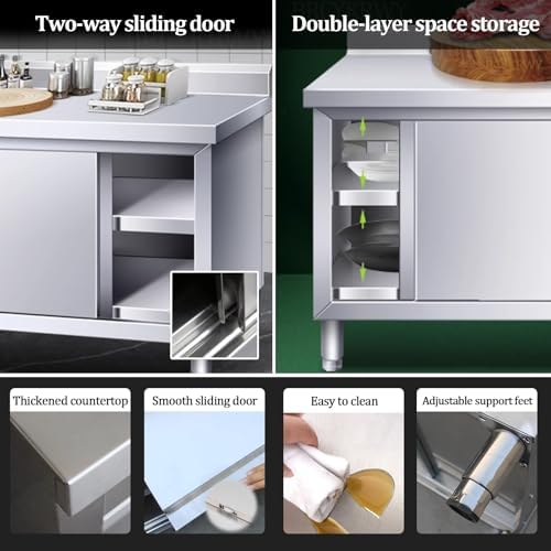 Stainless Steel Kitchen Prep Table, Double Door Storage Cabinet, Multifunctional Work Table for Restaurant, Garage, Laundry, Home - Large Space & Practical Design