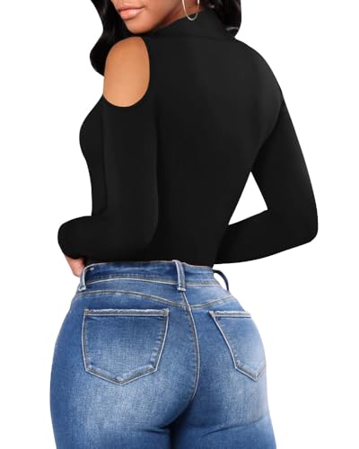 Image of MANGOPOP Women Sexy Deep V Neck Short Sleeve Bodysuit Tops Cold Shoulder Casual T Shirts, A Black, Medium