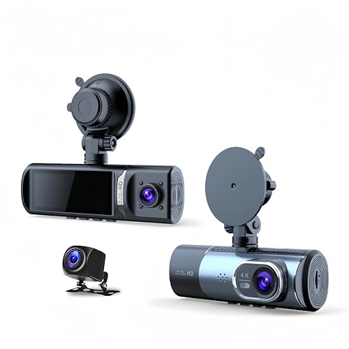 4K 3 Channel Dash Cam with GPS & 5GHz WiFi, 2160P+1080P+1080P Triple Car Camera, Front Inside Rear, 64GB Card, 3.16