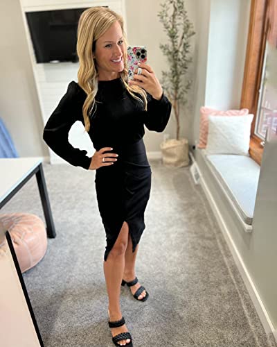 Wiciwi Women Casual Dresses 2023 Long Sleeve Crewneck High Waist Ribbed Knit Ruched Slim Fit Slit Plain Bodycon Dress(Solid Black,Small) #TOP4