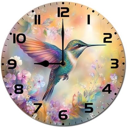 Birds Hummingbird Flower Wooden Silent Non-Ticking 10 Inch Round Clocks Battery Operated Analog for Living Room Kitchen Bedroom Bathroom Office Home School Decor