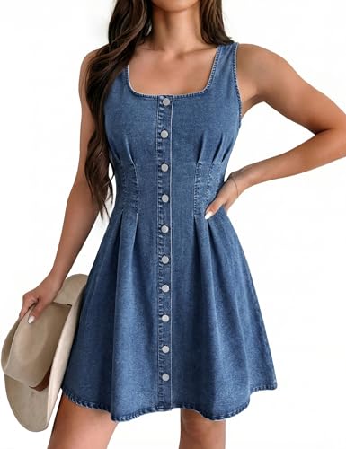 POTILI Denim Dress for Women Sleeveless Square Neck Snap Button