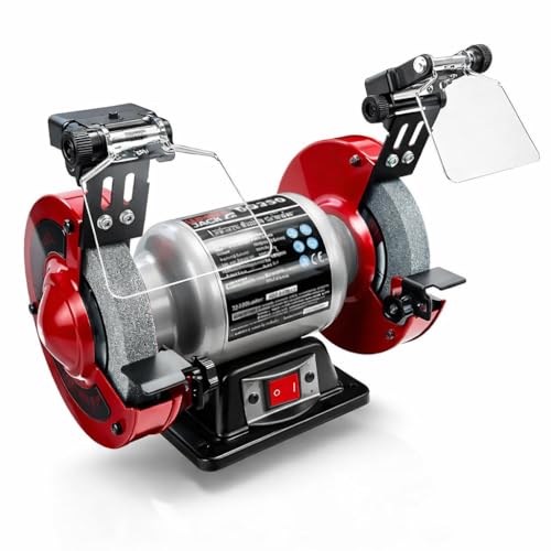 Lumberjack 6 Bench Grinder Heavy Duty 250W Grinding Machine with LED Work Lights Magnified Safety Shield Medium & Coarse Grinding Wheels Powerful Workshop Sharpening Tool