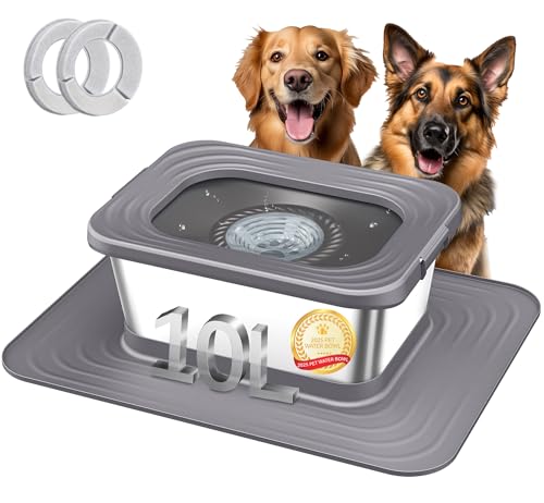 Decflow 10L Stainless Steel Dog Water Bowl, No Spill Anti-Splash Dog Bowls with XXL Silicone Mat, Spill-Proof Slow Feeder for Messy Drinkers, Heavy Duty Pet Bowls for Indoor/Outdoor Use Grey