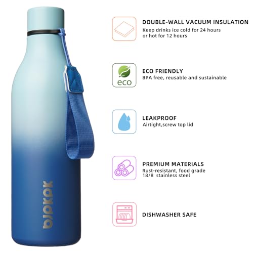 Image of BJPKPK Insulated Water Bottles, 25 oz Stainless Steel Metal Water Bottle with Strap, BPA Free Leak Proof Jugs, Mugs, Flasks, Reusable Thermal Flasks for Sports & Travel, Sky