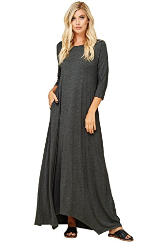 ANNABELLE Women's 3/4 Sleeve Casual Loose Fit Maxi Dresses with Side Pockets X-Large Mid Grey D5212X