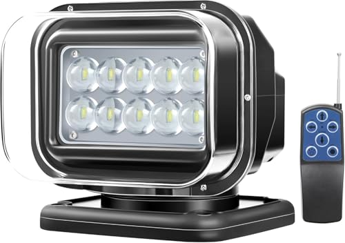 Remote Control Search Light for Truck 7 Inch LED 50W 5000lm 6000K LED Spotlight Hunting Boat Searching 360 Rotating Back Up Off Road Spot Light 12V 24V 6 Magnets Built-in