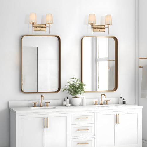 Image of KSANA Gold Bathroom Vanity Light Fixtures, 2-Light Modern Vanity Lights for Bathroom with White Fabric Shade, Bathroom Lights Over Mirror