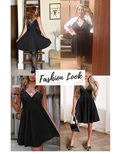 Elesol Women's Cocktail Dresses Spaghetti Strap Dress Casual V Neck Swing A-Line Tea Dress Party Sundress S Black #TOP4