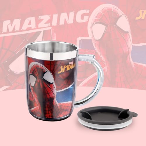 Image of SKi Homeware Double Wall Inner Stainless Steel Tea,Coffee, Milk Mug With Handle And Lid For Kids Cherry Mug (Spider-Man), 350 ML