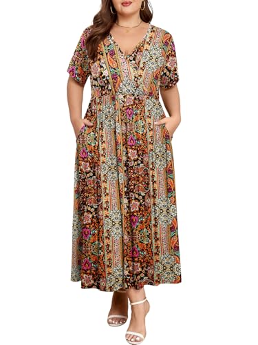 Image of BELAROI Womens Plus Size Maxi Dress Summer Wrap V Neck Flowy Long Sundress Beach Dresses with Pockets