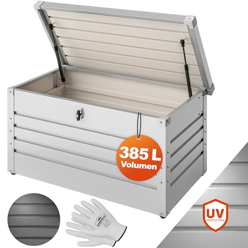 Gardebruk® Auflagenbox 385L Volumen Metall Abschließbar Gasdruckfeder 120x62cm Wetterfest Garten Balkon Keller Gartenbox Gartentruhe Hellgrau