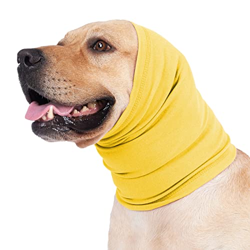 Image of Dog Ear Wrap Hematoma, Quiet Head Cover Anxiety Relief Grooming Bathing for Dog Pail Lilac+Yellow M