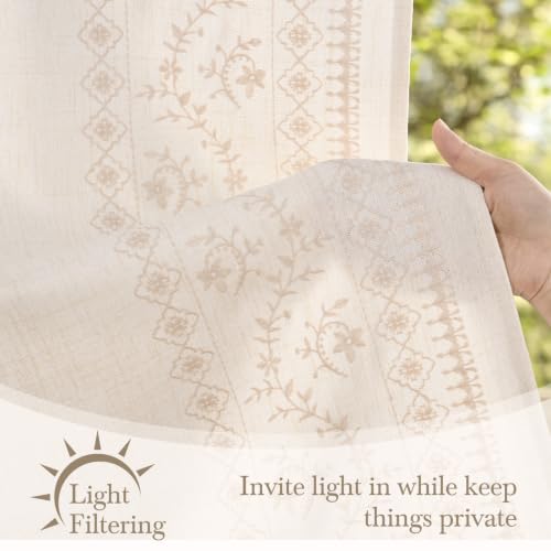 Image of Yinhua Boho Kitchen Curtains 36 Inch Length Beige Embroidered Floral Cafe Curtains, Farmhouse Light Filtering Kitchen Window Curtain Rod Pocket Short Tier Curtains for Windows, 26 inch W x 36 inch L, 2 Panels