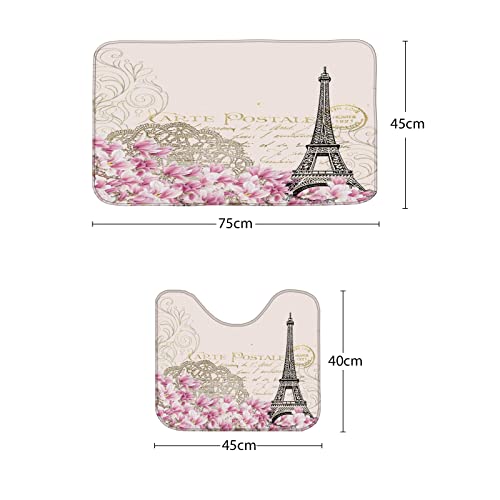 Amagical Paris Decor Collection Eiffel Tower With Pink Flowers Vintage Soft Color Art Print 3 Piece Bathroom Mat Set Shower Curtain Set Bath Mat Contour Mat Fabric Shower Curtian 12 Hooks #TOP4