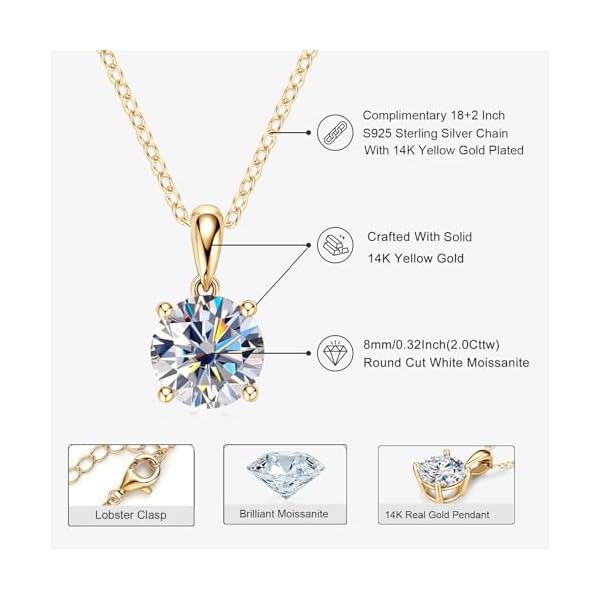 14K Solid Yellow Gold Moissanite Pendant with Sterling Silver Chain, 2.0CT 8mm Round Cut Solitaire Moissanite Necklace Fine Jewelry Anniversary Birthday Christmas Gifts for Women Her Wife - Image 4