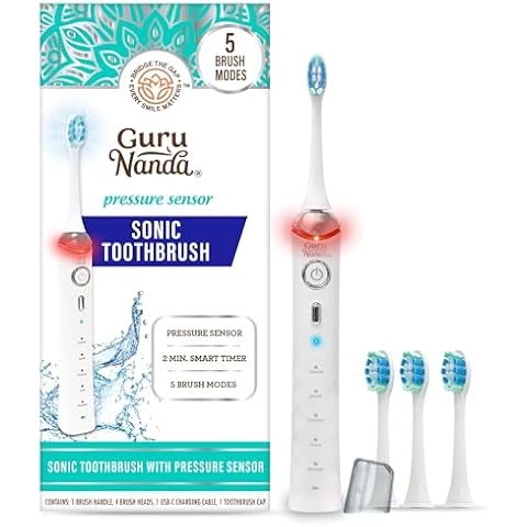 GuruNanda Pressure Sensor Sonic Electric Toothbrush - Rechargeable Toothbrush with 5 Modes, Memory Function, 2-Min Smart Timer & 4 Replacement Heads, White Cover
