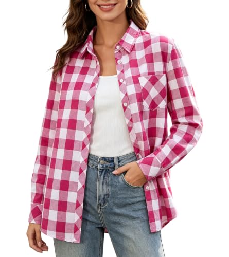 Image of SANGTREE Women and Girls Long Sleeve Flannel Casual Button Down Plaid Shirt