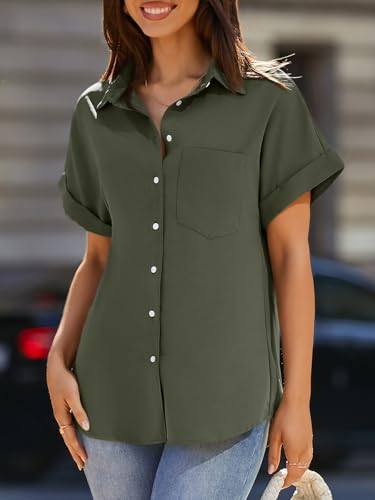 Beautife Womens Short Sleeve Shirts V Neck Collared Button Down Shirt Tops with Pockets