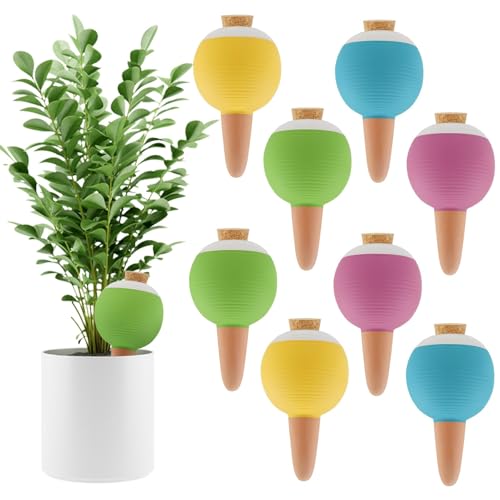 Kalolary 8 PCS Clay Tips Irrigation, Plant Terracotta Watering Devices, Large Plant Watering Globes, Self Watering Spikes with Wooden Stopper for Pots, Planters, Indoor & Outdoor Plants(4 Colors)