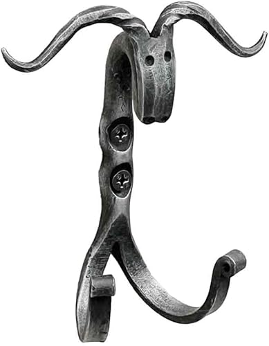 Cabeza de toro forjada a mano, doble gancho de hierro forjado hecho a mano, gancho rústico montado en la pared con soporte para anillo, decoración