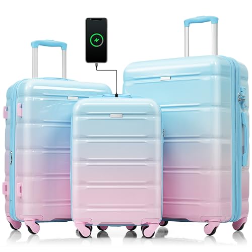 Luggage Set of 3,20-inch with USB Port,Airline Certified Carry-on Luggage,ABS+PC Hard Shell Luggage with Spinner Wheels,light blue and pink