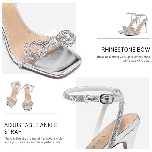 Hsttgsr Silver Heels for Women with Double Bowknots, 3.15 in Square Open Toe High Heels with Ankle Strappy, Crystal Clear Wedding Shoes for Party3