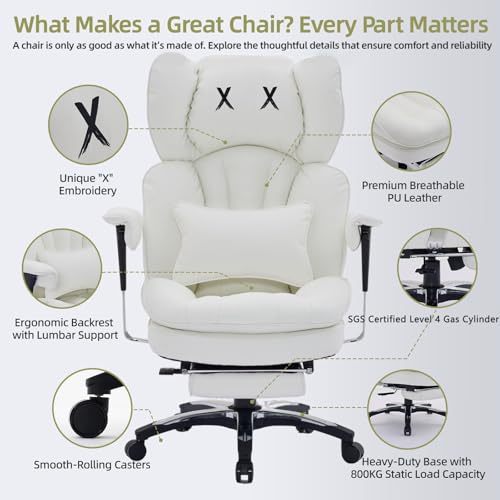 Efomao White Big and Tall Office Chair with Footrest – Ergonomic High-Back Computer Chair with Adjustable Armrests, Wide Seat – Modern Home Office, Gaming & Study Chair for Young Professionals