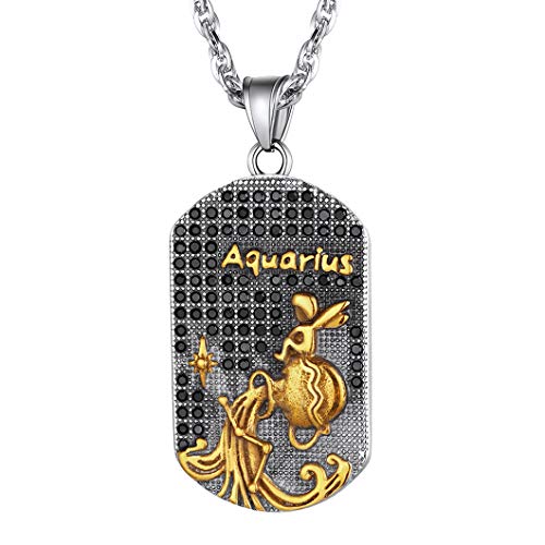 Collier Verseau Signe Astrologique Dorée 18K et en Strass Brillante-Pendentif Plaque Militaire Dog Tag Zodiaque avec Jolie Chaîne Réglable 22+2 pouces,Cadeau Anniversaire pour Garçon,Homme,Femme