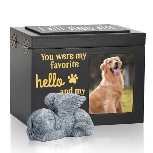DiDiBirDi Schwarzes Holz Urnen für Hunde Kommt mit Hundeengel,Tierurnen für Hunde Urne Mit schwarzem Flanell Asche Aufbewahrungsbeutel Tierurnen für Hunde Gedenkgeschenk (50kg