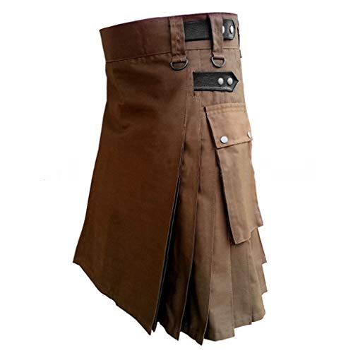Beudylihy Jupe vintage médiévale écossaise Kilt gothique Cargo plissée Fashion Kendo Pocket Jupes Steampunk Vêtements hommes Couleur unie Tartan Utility Kilts Tartan Kilt, marron, M Cover