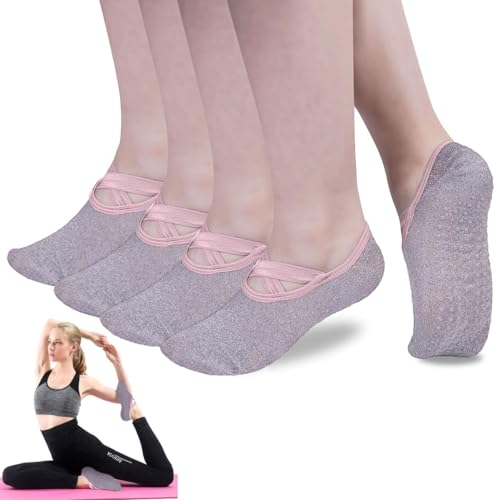 lulupila 4 pares de calcetines antideslizantes de pilates con asas para mujer, agarre para yoga, ballet, entrenamiento descalzo, calcetines atléticos antideslizantes, gris, M